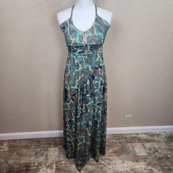 APPLE BOTTOMS Vintage Green Gray Halter Maxi Sundress Small (5267) - Picture 1 of 9